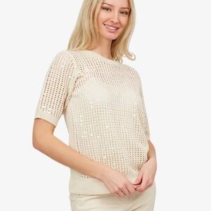 ASTRID (XS) Looking Glass Sequin Detailed Knit Top Sand Semi-Fitted Soft NWT